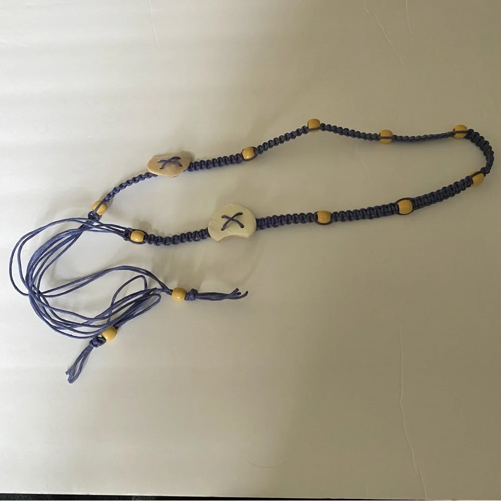 Boho Macramé Navy Waist Belt with Shell Heart Accents ~54 inches long